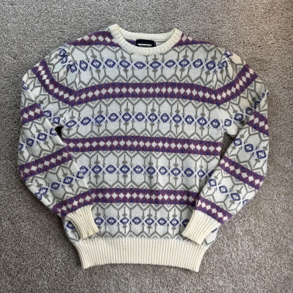 Vintage Winks Lane Sweater Mens 40 Cream Fair Isle Knit Pullover Multicolor